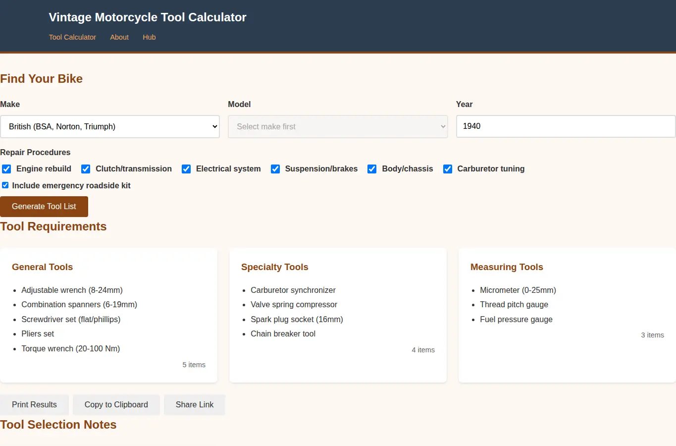 Screenshot of Vintage Motorcycle Tool Calculator interface showing the project page in use